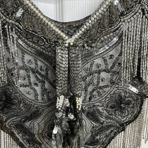 Vintage BEADED FRINGED SHAWL, Capelet with Scoop Neck, V Back, Costume Wedding - Picture 2 of 6